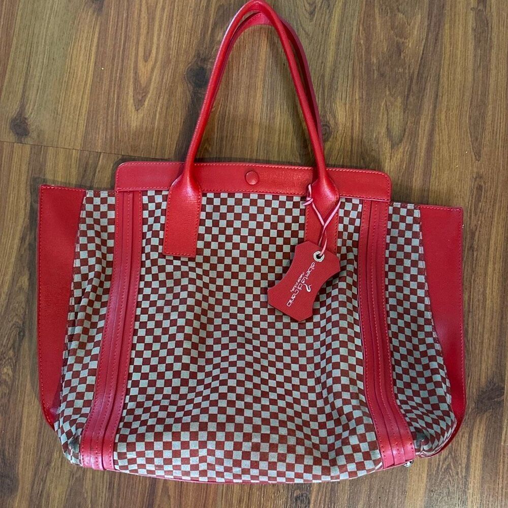 Alberta do Canio vintage red gray checkered suite and leather large tote bag mad